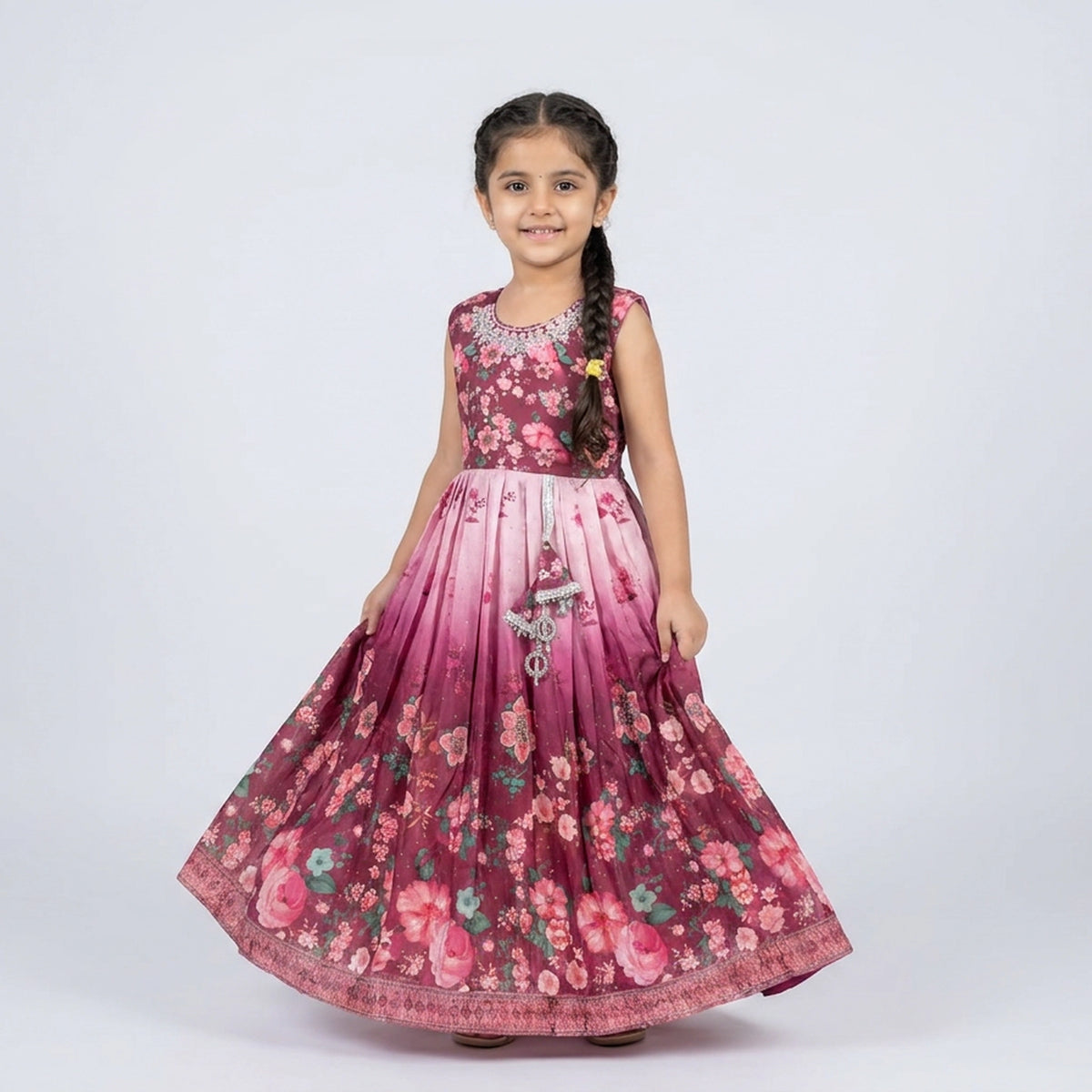 Girls Purple Ombre Floral Print Embellished Flutter Sleeve Gown – Kids Party Wear