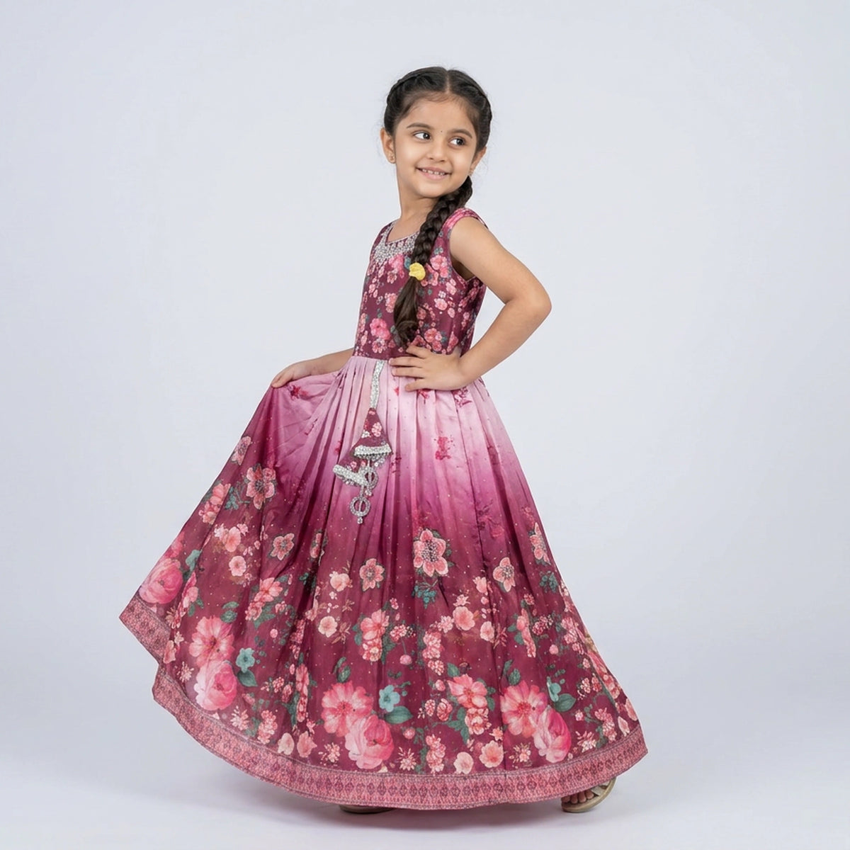 Girls Purple Ombre Floral Print Embellished Flutter Sleeve Gown – Kids Party Wear