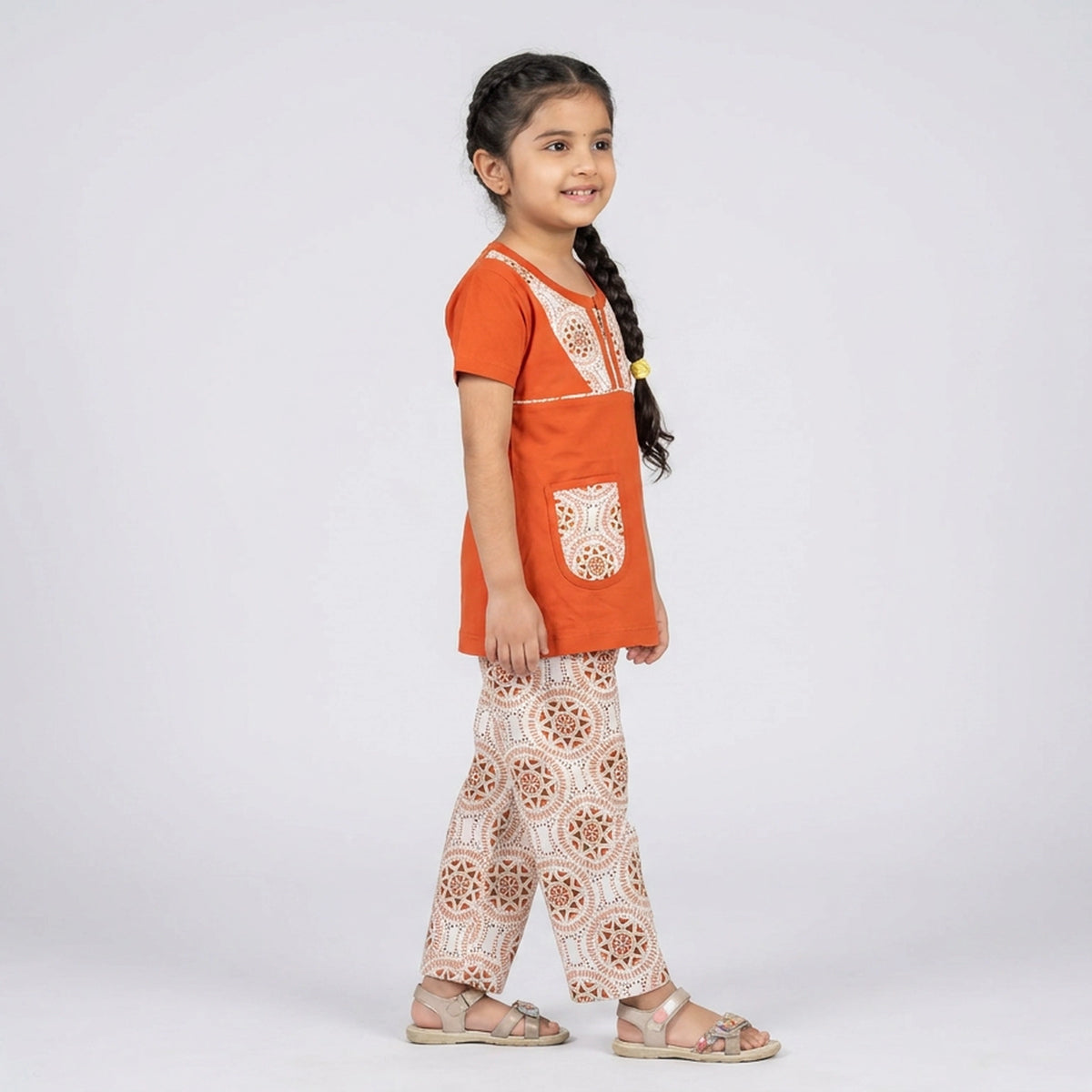 Girls Pink Tunic Top with Floral Print Pants Co-ord Set