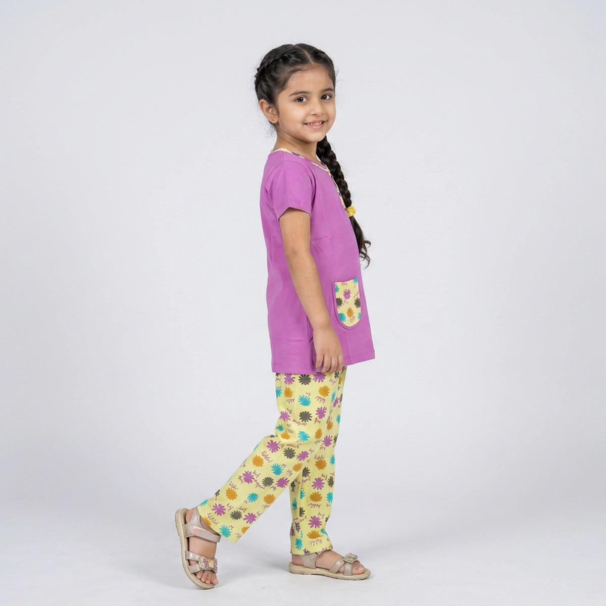 Girls Pink Tunic Top with Floral Print Pants Co-ord Set