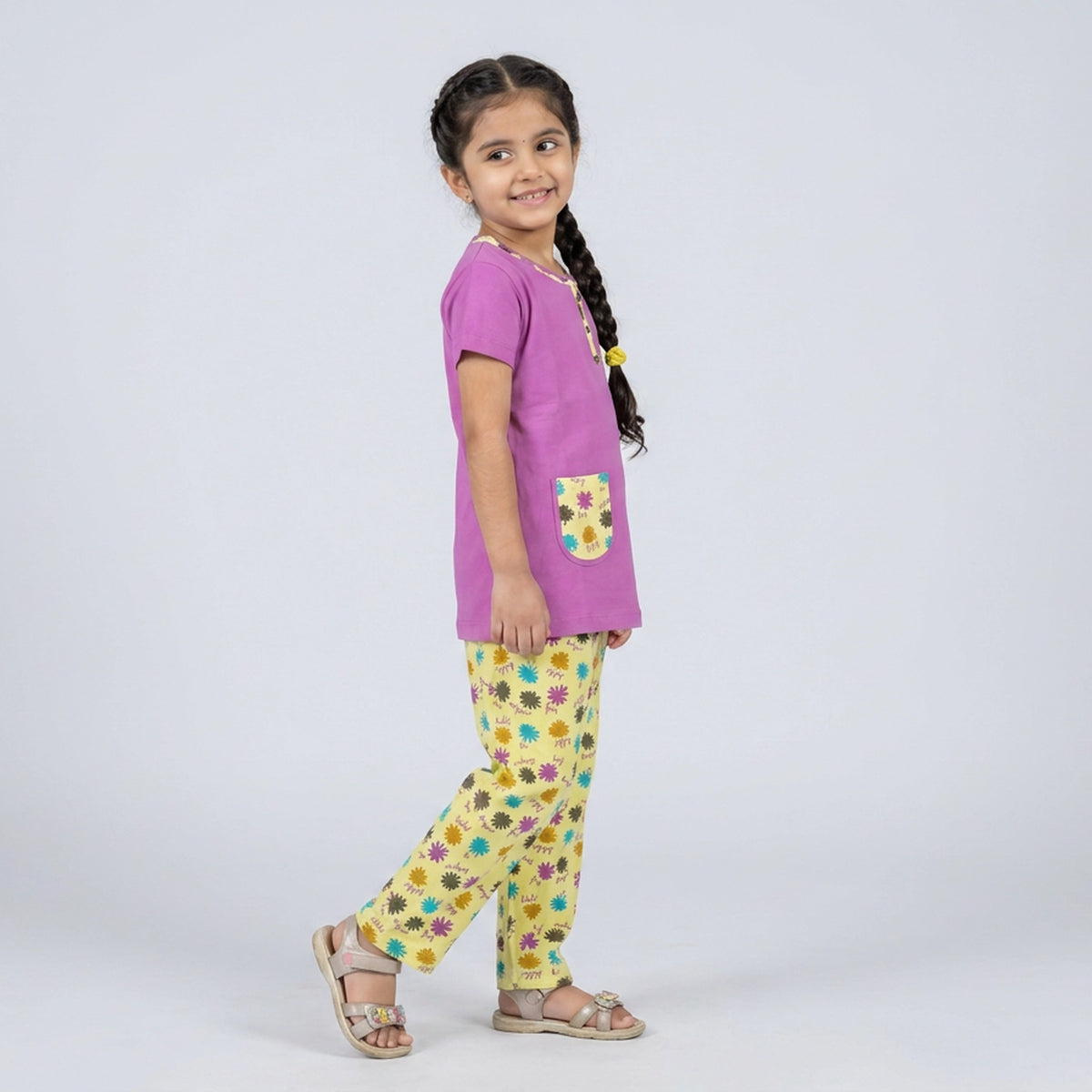 Girls Pink Tunic Top with Floral Print Pants Co-ord Set