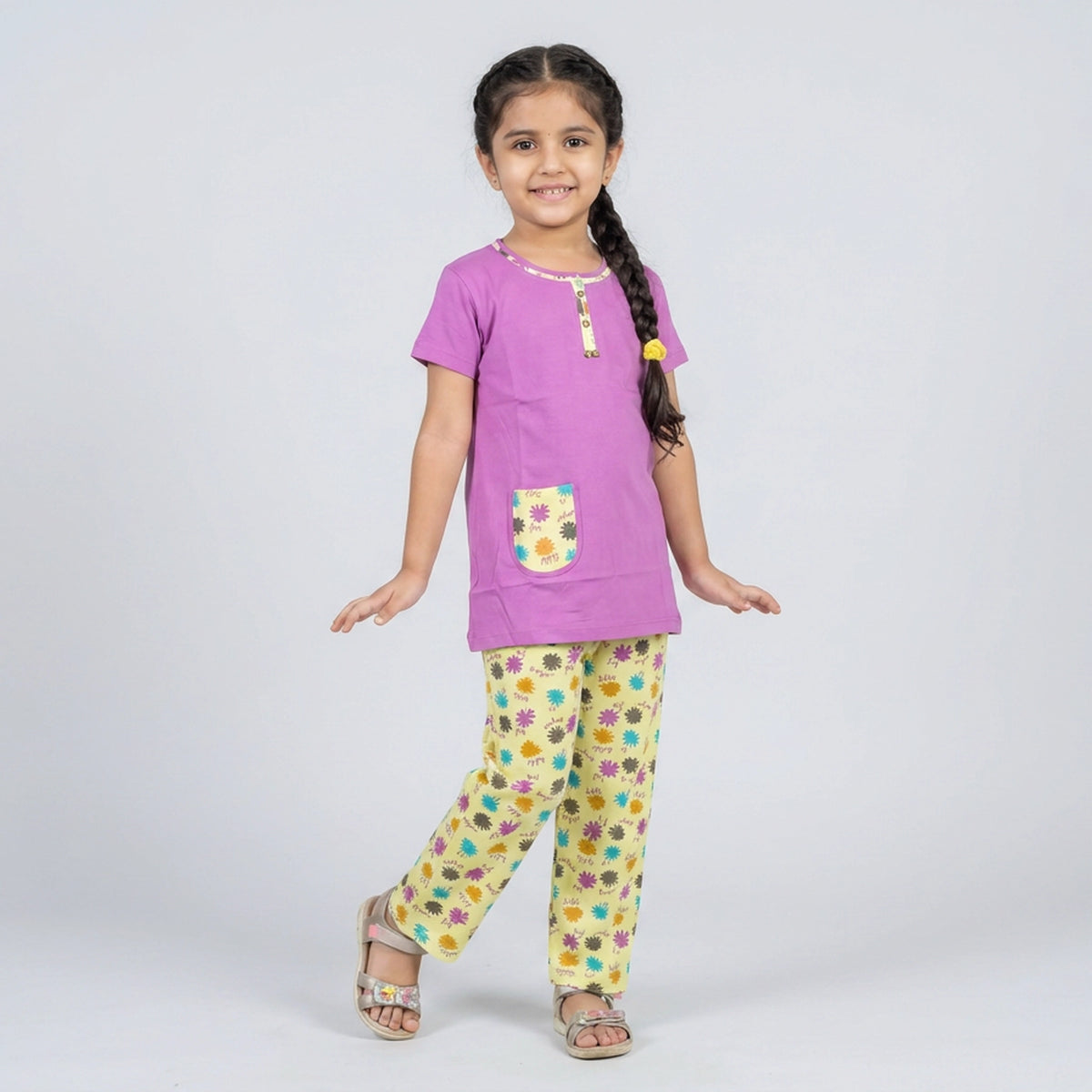 Girls Pink Tunic Top with Floral Print Pants Co-ord Set