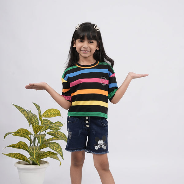 Stylish Girls Striped Cotton T-Shirt – Quarter Sleeves & Trendy Fit