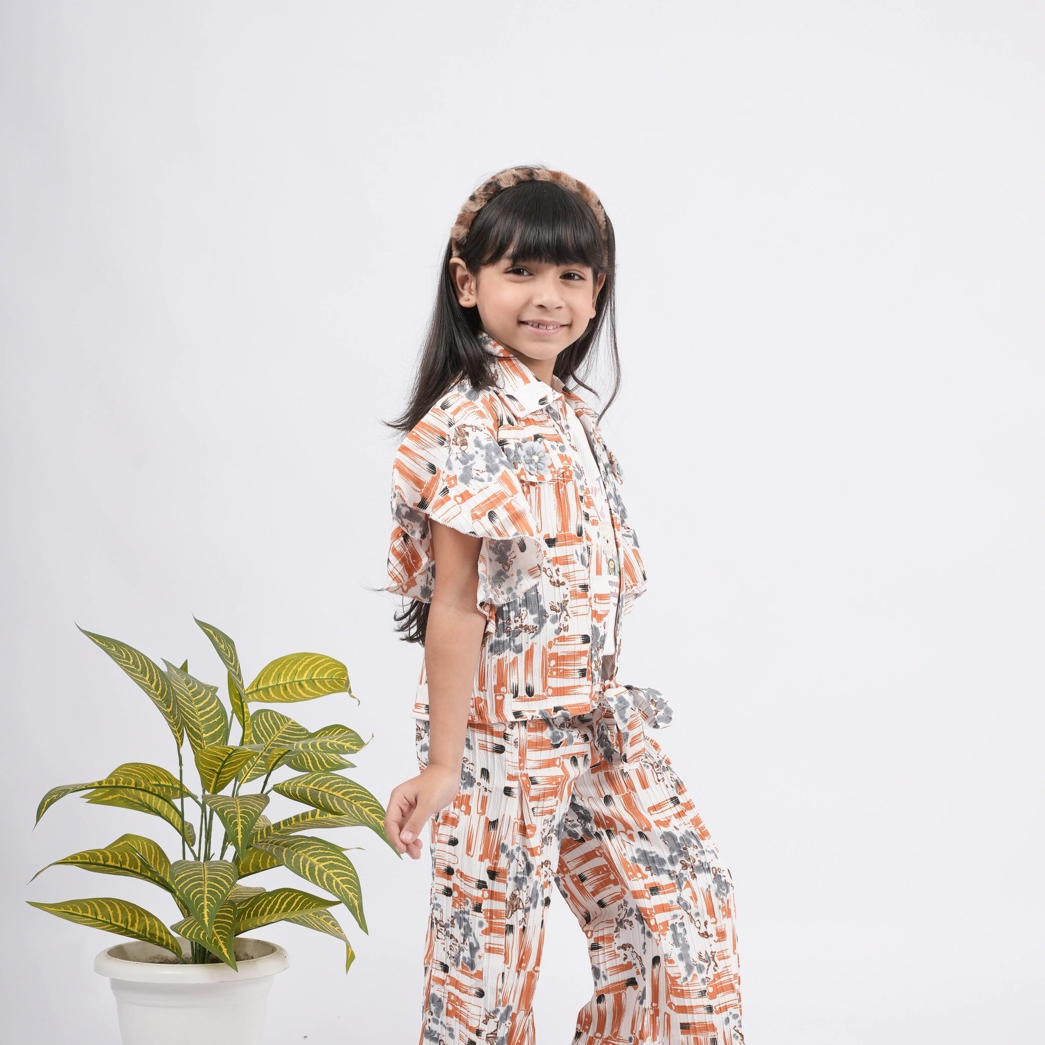 Girls White TShirt, Orange Jacket and Plazo - 3 PC Set