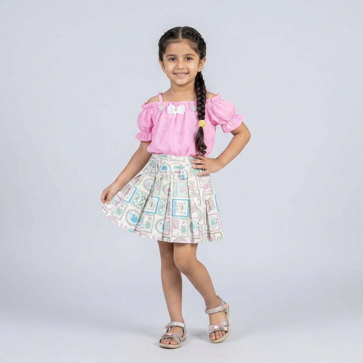 Girls Pink Cold Shoulder Top with Printed Pleated Skirt Set