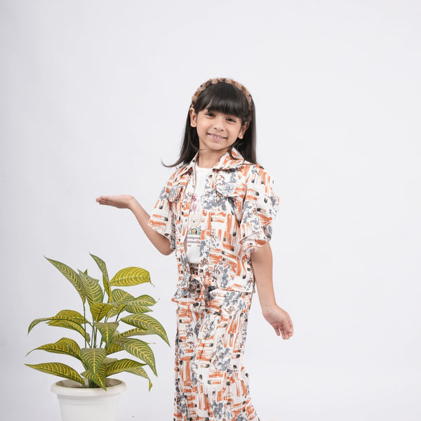 Girls White TShirt, Orange Jacket and Plazo - 3 PC Set