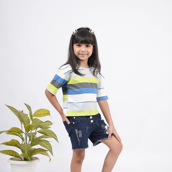 Stylish Girls Striped Cotton T-Shirt – Quarter Sleeves & Trendy Fit
