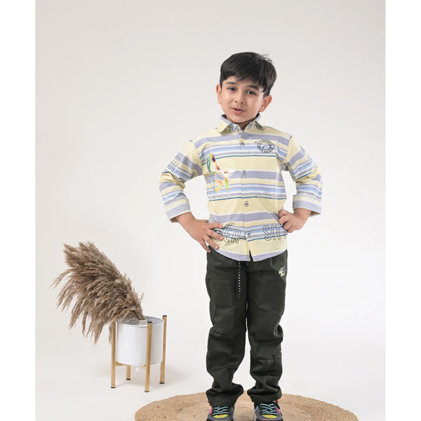 Boys Striped Casual Shirt with Dark Pants and Sport Sneakers – 3 Color Variants