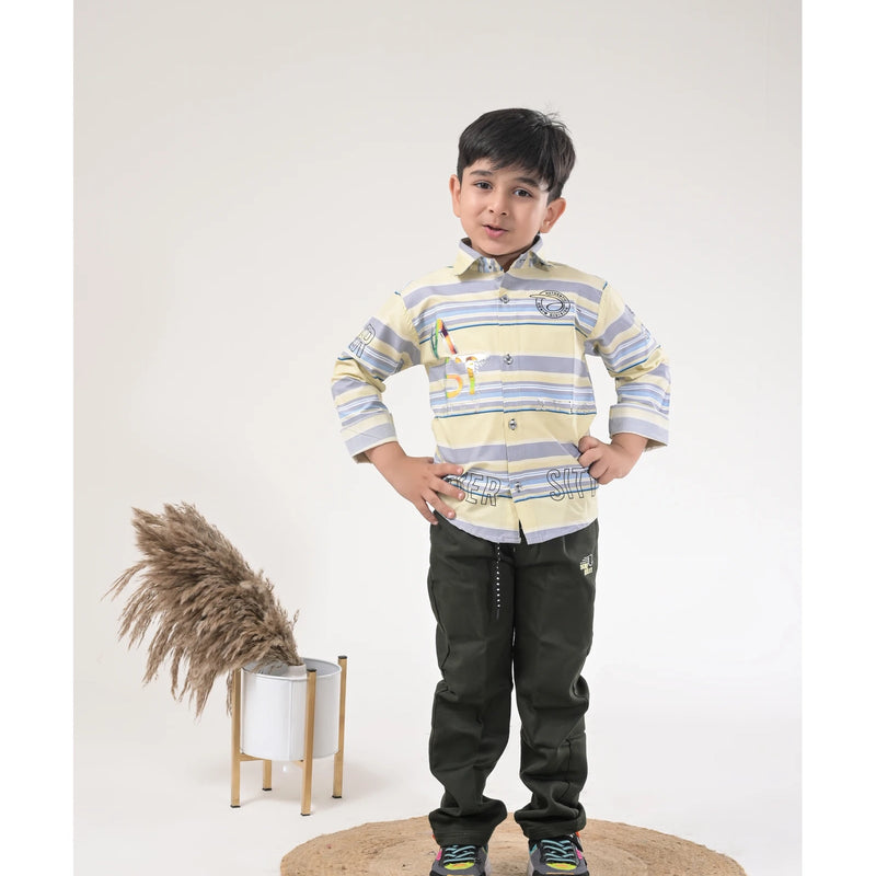 Boys Striped Casual Shirt with Dark Pants and Sport Sneakers – 3 Color Variants