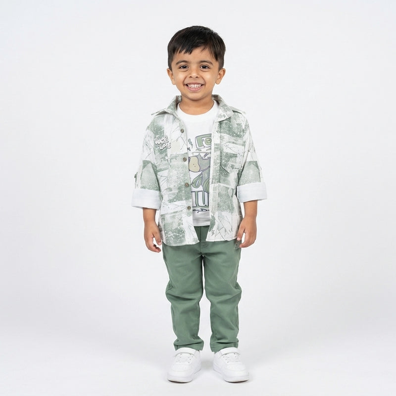 BOYS Printed Shirt with Graphic T-Shirt and Casual Pants Set