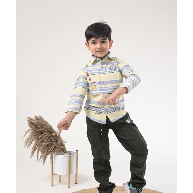 Boys Striped Casual Shirt with Dark Pants and Sport Sneakers – 3 Color Variants