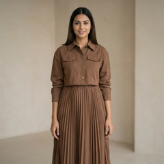 Women’s Pleated Maxi Dress with Crop Shirt Top – Elegant Long Sleeve Dress