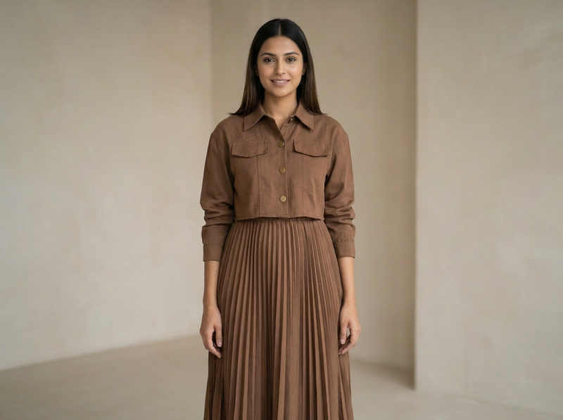 Women’s Pleated Maxi Dress with Crop Shirt Top – Elegant Long Sleeve Dress