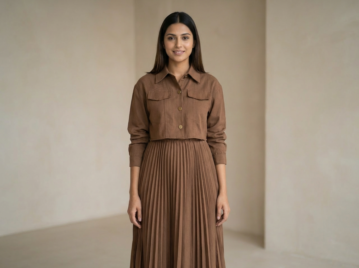 Women’s Pleated Maxi Dress with Crop Shirt Top – Elegant Long Sleeve Dress - image 11
