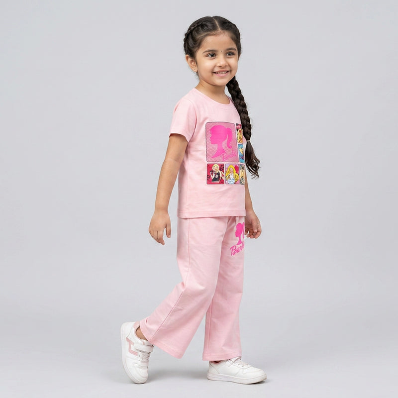 Girls Barbie Co-Ord Set – Stylish Graphic T-Shirt & Flared Pants Outfit for Kids