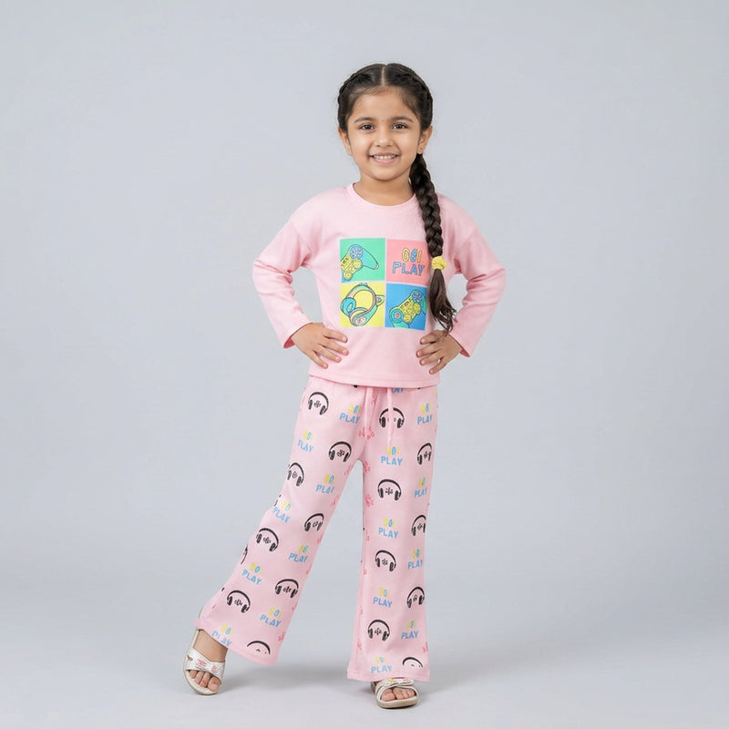 Girls Graphic Co-Ord Set – Cute Printed Sweatshirt & Flared Pants Outfit for Kids