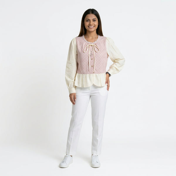 Polka Dot Button-Front Peplum Top with Contrast Sleeves