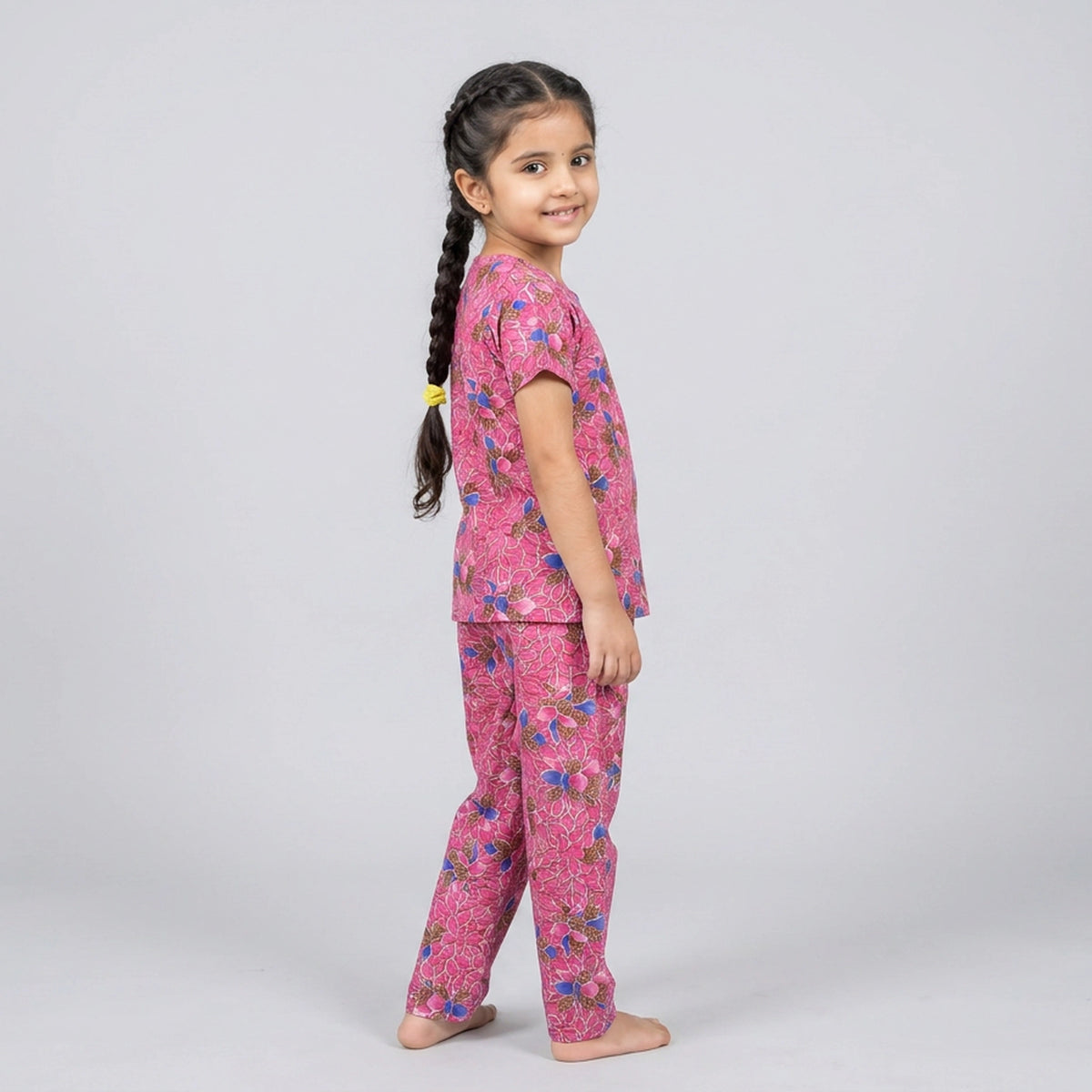 Girls Pink Floral Print Cotton T-Shirt & Pyjama Set