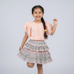 Girls Peach Ruffle Sleeve Top & Printed Layered Skirt Set – Stylish Party Wear Outfit for Kids