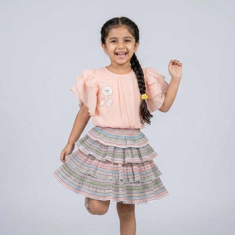 Girls Peach Ruffle Sleeve Top & Printed Layered Skirt Set – Stylish Party Wear Outfit for Kids