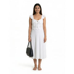 Ribbed Midi Dress with Ruffle Sleeves & Tie Front – Elegant A-Line Summer Dress for Women