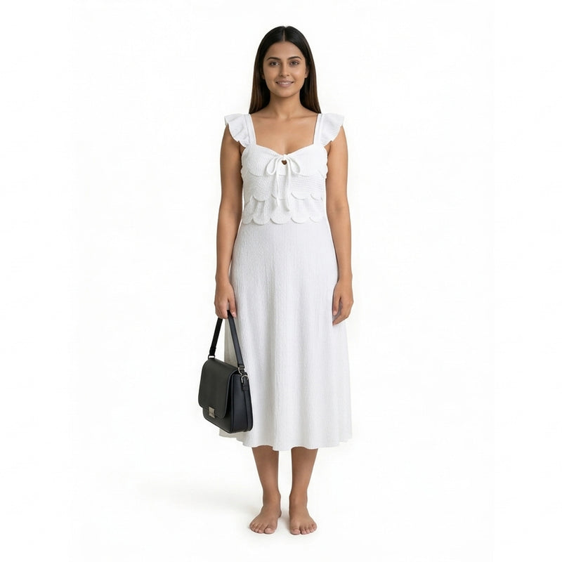 Ribbed Midi Dress with Ruffle Sleeves & Tie Front – Elegant A-Line Summer Dress for Women