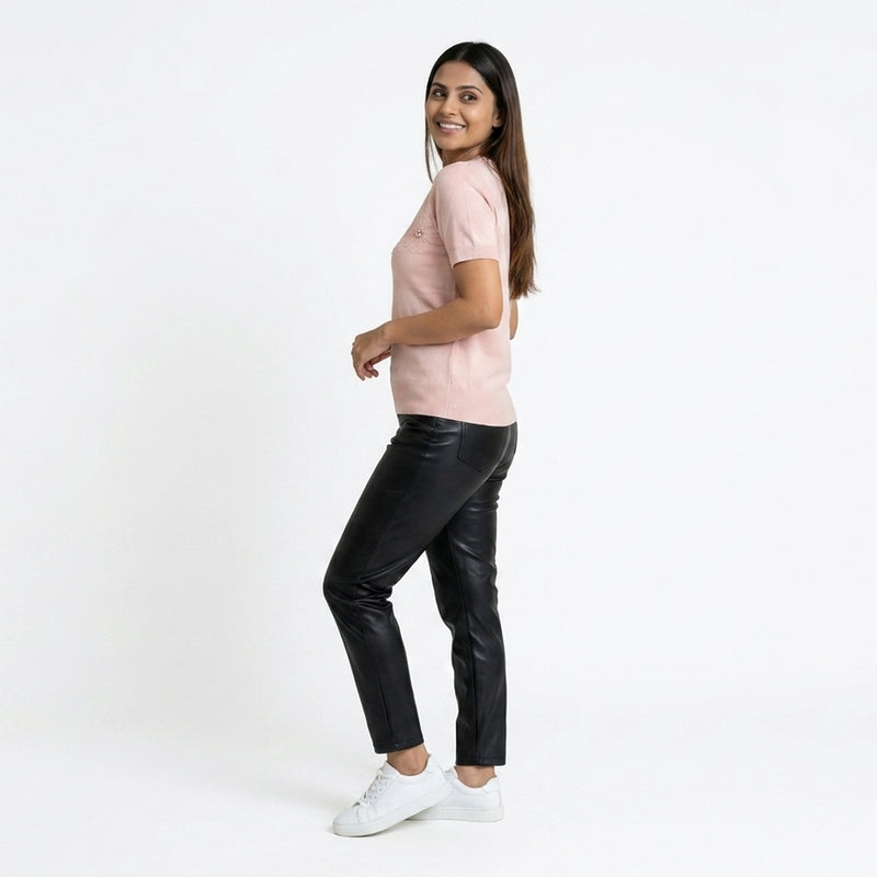 Women Knit Top – Casual Short Sleeve T-Shirt with Minimal Embroidery Detail