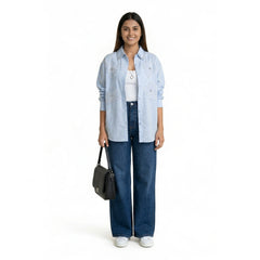 Women’s Floral Embroidered Cotton Shirt – Button-Down Top | Pink, Black, Beige & Blue Smart Casual Shirt