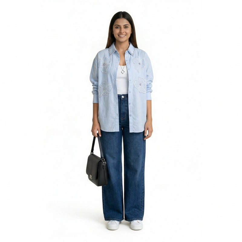 Women’s Floral Embroidered Cotton Shirt – Button-Down Top | Pink, Black, Beige & Blue Smart Casual Shirt
