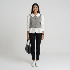 Women’s Gingham Peplum Top with Peter Pan Collar – Casual Chic Outfit Set