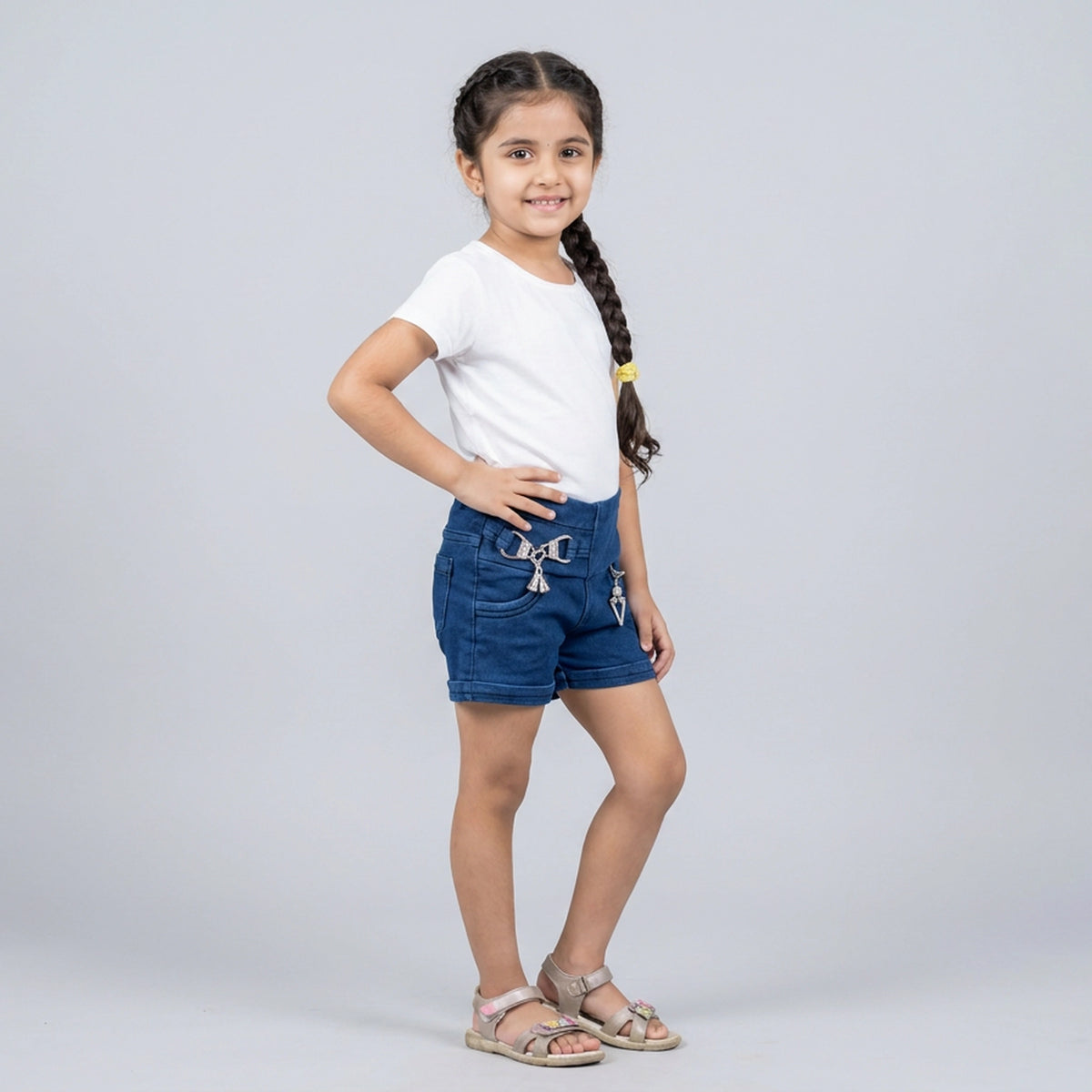 Girls Blue High-Waist Denim Shorts with Charm Drawstring Detail