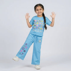Girls Snoopy Printed Co-Ord Set – Beige Graphic T-Shirt & Wide Leg Pants for Kids
