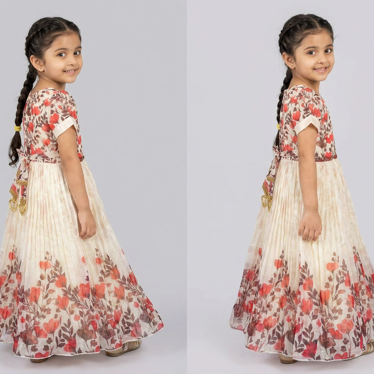 Girls Ivory Floral Print Peter Pan Collar Dress with Tasseled Waist Belt