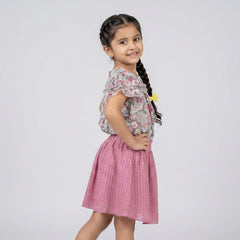Girls Floral Ruffle Sleeve Top with Pink Flared Skirt Set – Stylish Casual & Party Wear Outfit for Kids