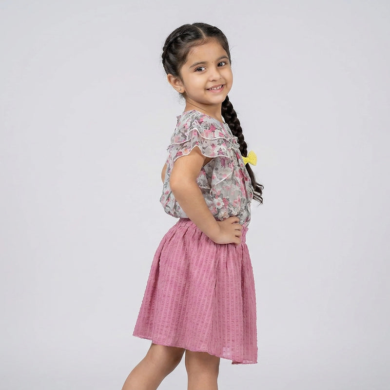 Girls Floral Ruffle Sleeve Top with Pink Flared Skirt Set – Stylish Casual & Party Wear Outfit for Kids