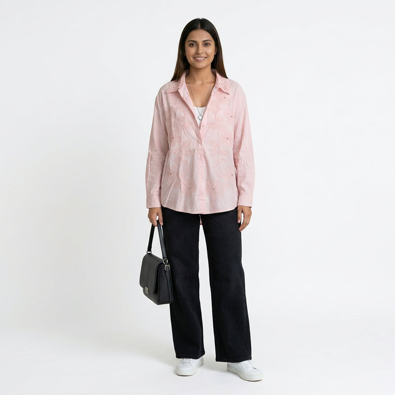 Women’s Embroidered Cotton Shirt – Floral Detail Button-Down Top | Pink, White,Beige,Black & Maroon Smart Casual Shirt
