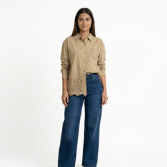 Women’s Lace Hem Cotton Shirt – Embroidered Button-Down Top | White, Blue, Pink, Beige & Black Casual Shirt