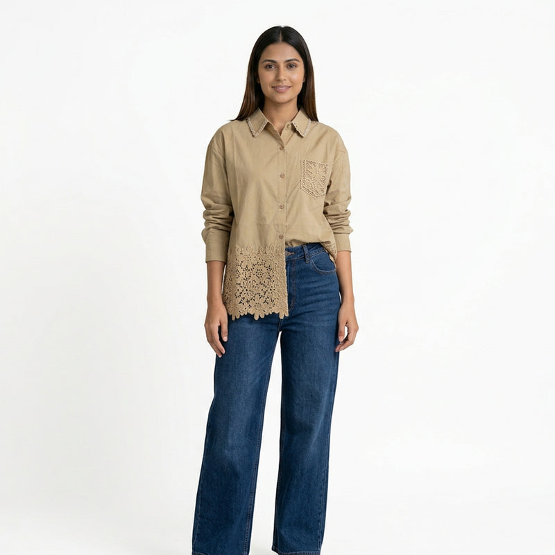 Women’s Lace Hem Cotton Shirt – Embroidered Button-Down Top | White, Blue, Pink, Beige & Black Casual Shirt