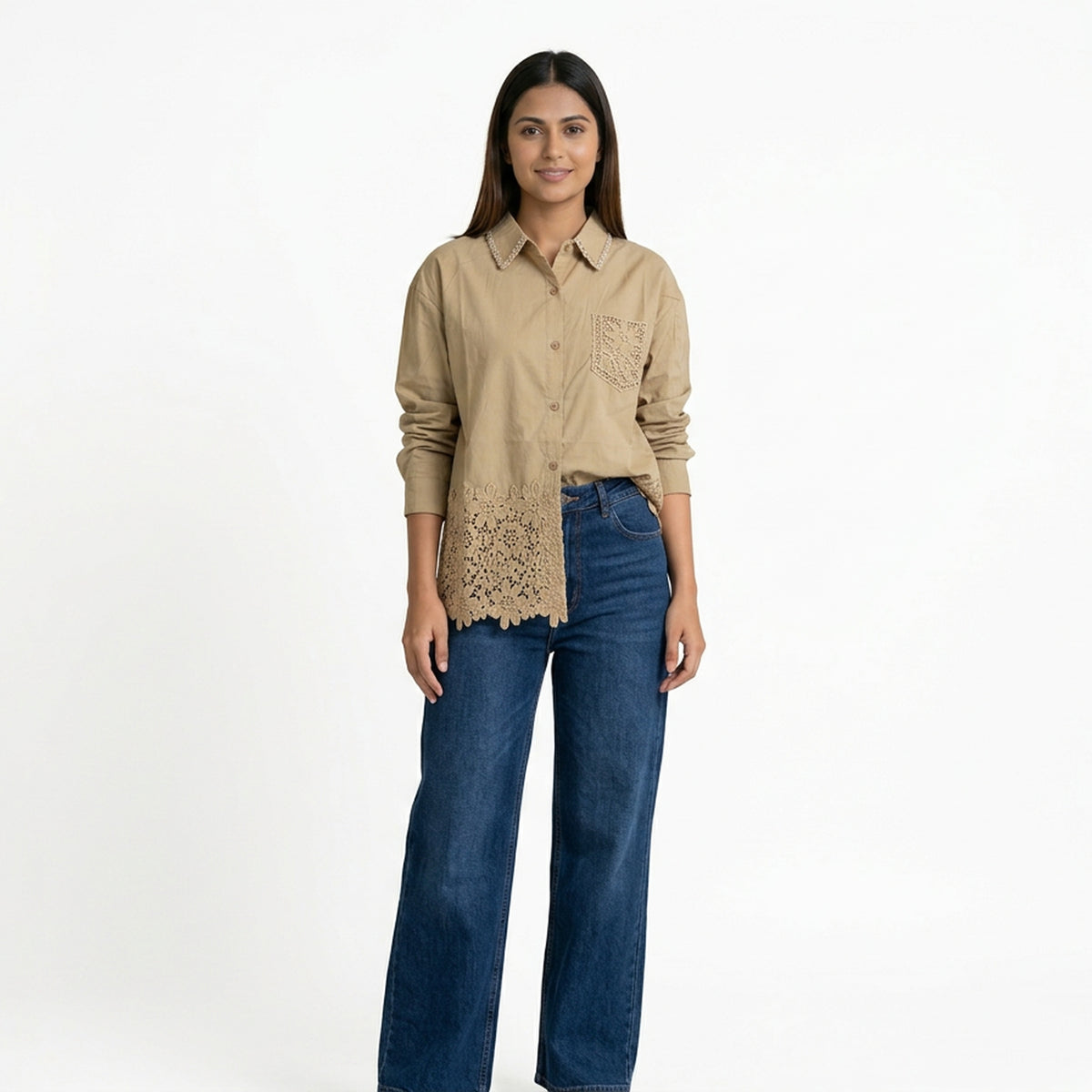 Women’s Lace Hem Cotton Shirt – Embroidered Button-Down Top | White, Blue, Pink, Beige & Black Casual Shirt - image 8