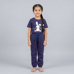 Girls Striped Co-Ord Set – Cute Bunny Print Cotton Top & Jogger Pants for Kids