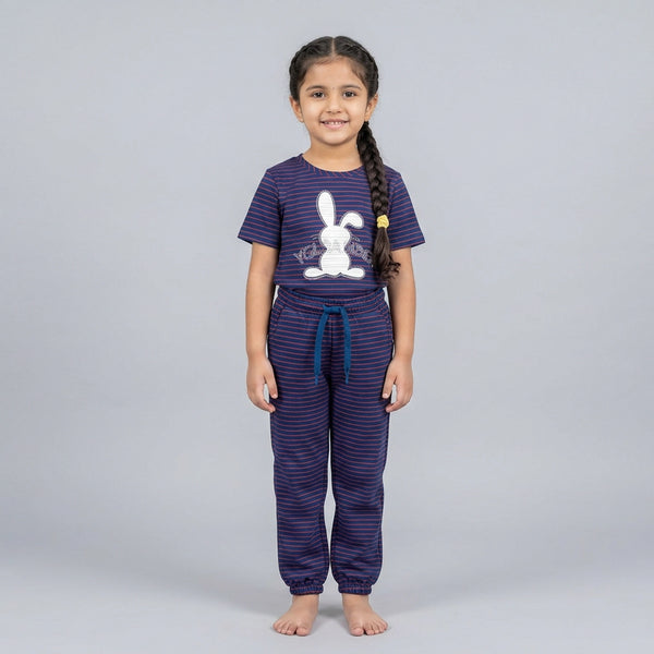 Girls Striped Co-Ord Set – Cute Bunny Print Cotton Top & Jogger Pants for Kids