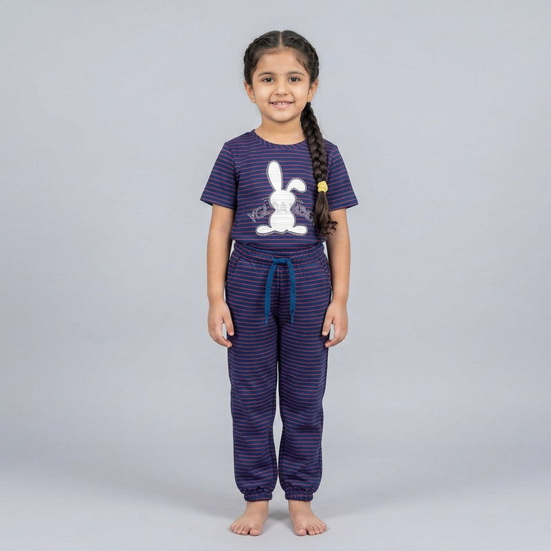 Girls Striped Co-Ord Set – Cute Bunny Print Cotton Top & Jogger Pants for Kids