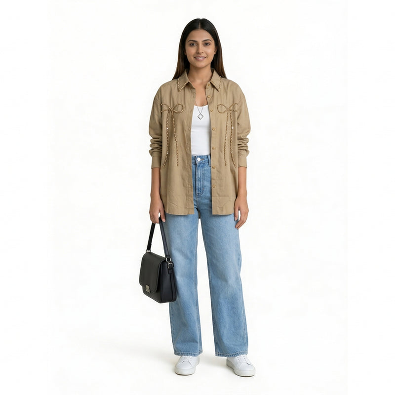 Women’s Embroidered Bow Shirt – Elegant Button-Down Long Sleeve Top | Cute Smart Casual & Office Wear