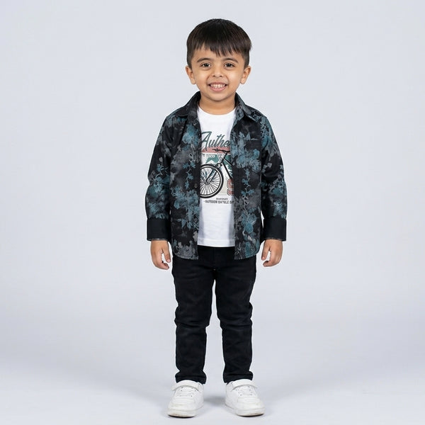 Boys Dark Printed Shirt with Graphic T-Shirt & Grey Jeans – Stylish Kids 3-Piece Casual Outfit Set KD-MV-B-SET-10060