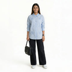 Women’s Floral Embroidered Shirt – Cotton Button-Down Top | Black, Beige, White, Pink & SKY Blue Smart Casual Shirt
