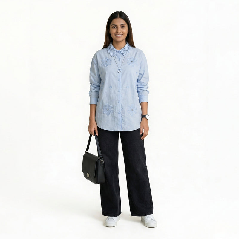 Women’s Floral Embroidered Shirt – Cotton Button-Down Top | Black, Beige, White, Pink & SKY Blue Smart Casual Shirt