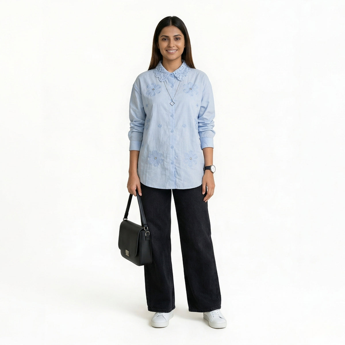 Women’s Floral Embroidered Shirt – Cotton Button-Down Top | Black, Beige, White, Pink & SKY Blue Smart Casual Shirt - image 9