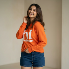 Women’s “Hi Fashion” Printed Full Sleeve Cotton T-Shirt – Relaxed Fit