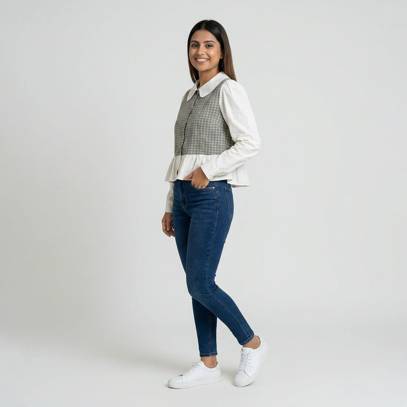 Women’s Gingham Peplum Top with Peter Pan Collar – Casual Chic Outfit Set