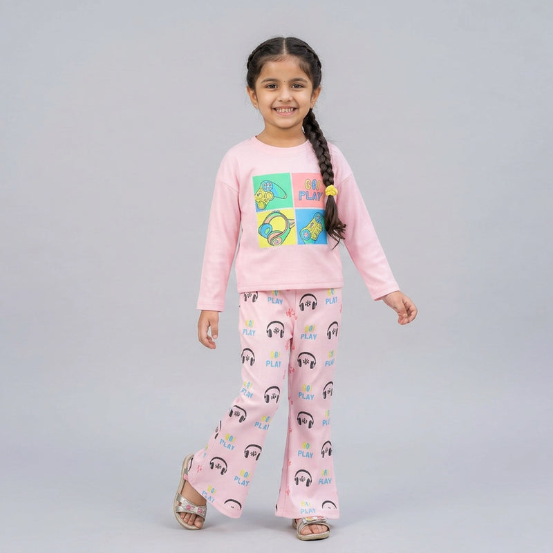 Girls Graphic Co-Ord Set – Cute Printed Sweatshirt & Flared Pants Outfit for Kids